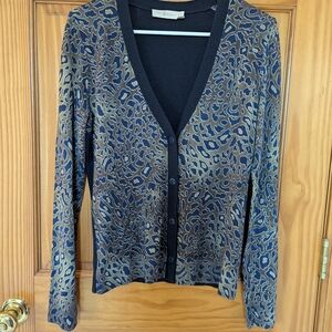 Tory Burch Navy and Taupe Leopard Print Button-Front Sweater